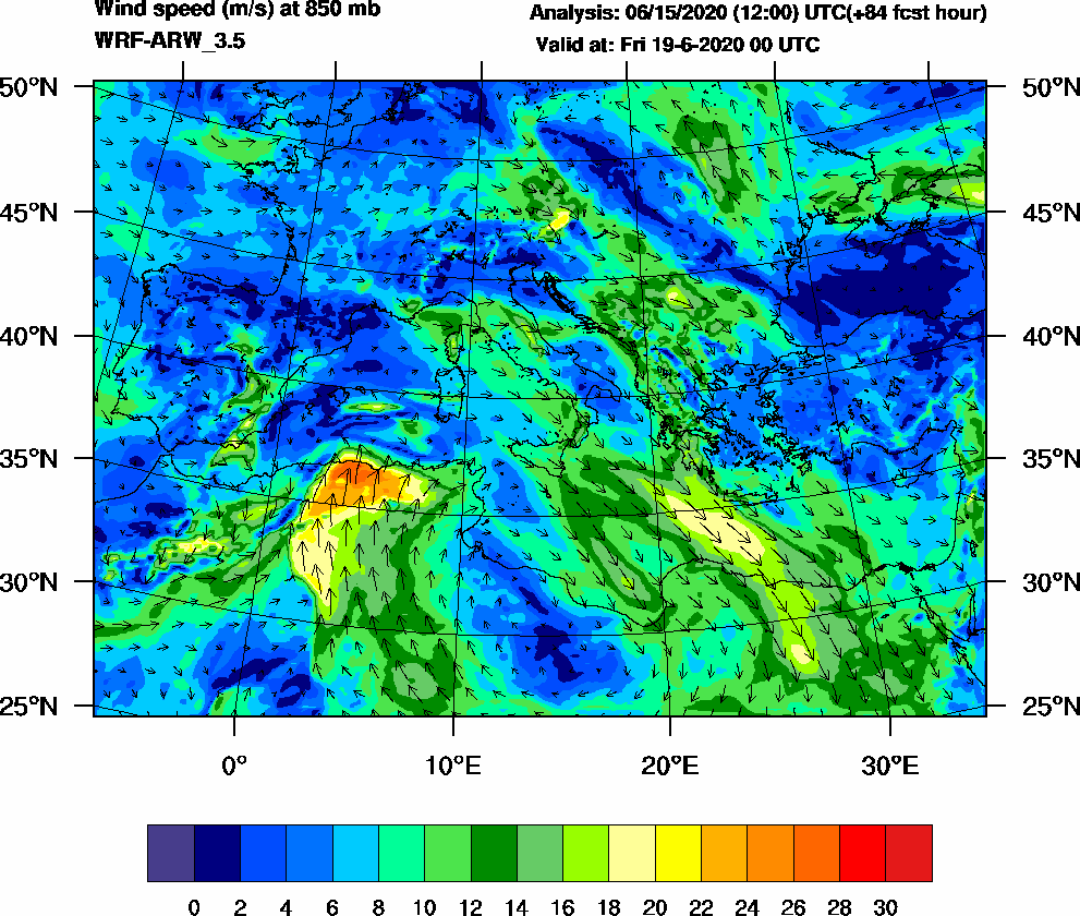 Wind speed (m/s) at 850 mb - 2020-06-19 00:00