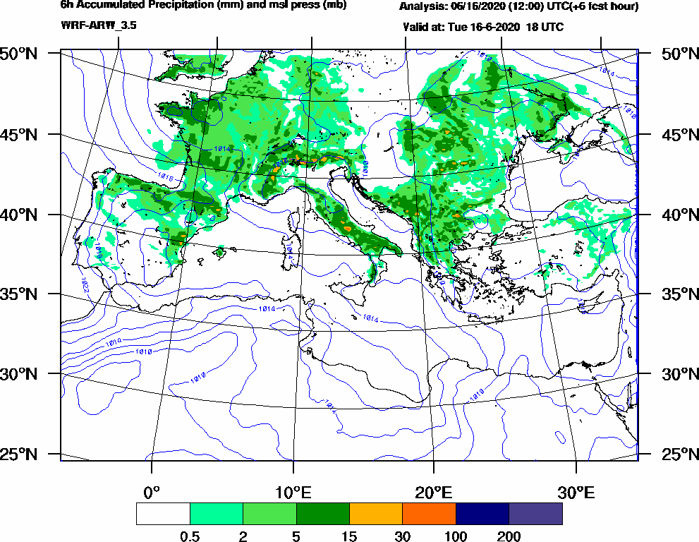 6h Accumulated Precipitation (mm) and msl press (mb) - 2020-06-16 12:00