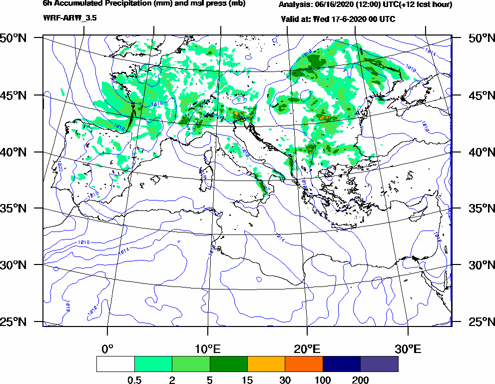 6h Accumulated Precipitation (mm) and msl press (mb) - 2020-06-16 18:00