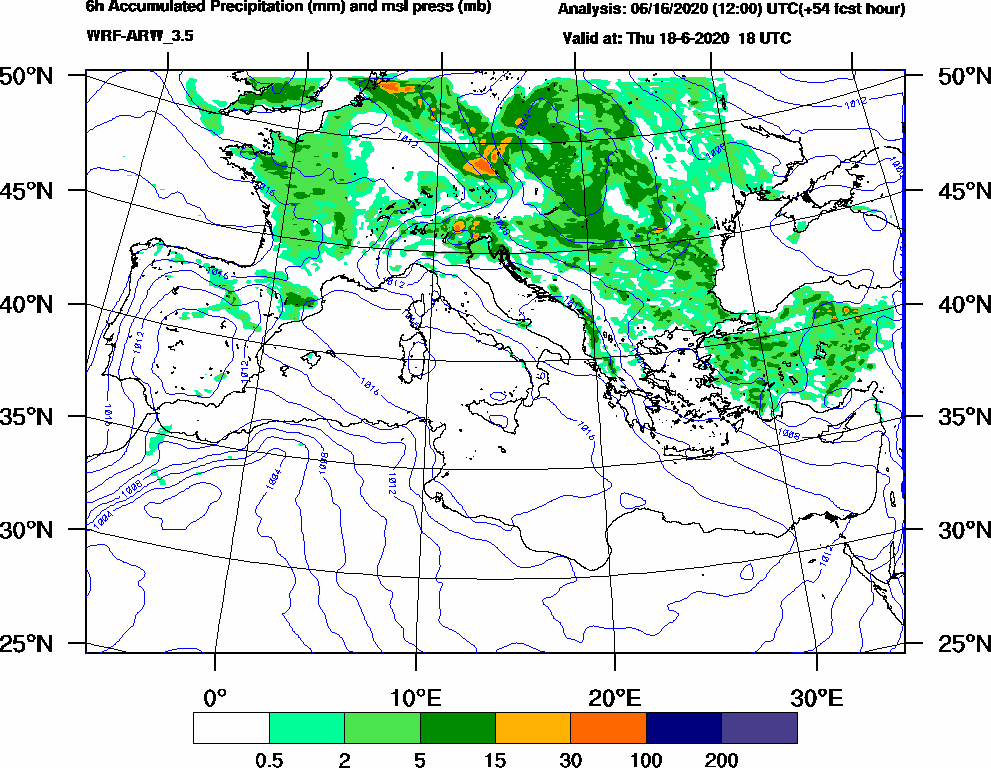 6h Accumulated Precipitation (mm) and msl press (mb) - 2020-06-18 12:00