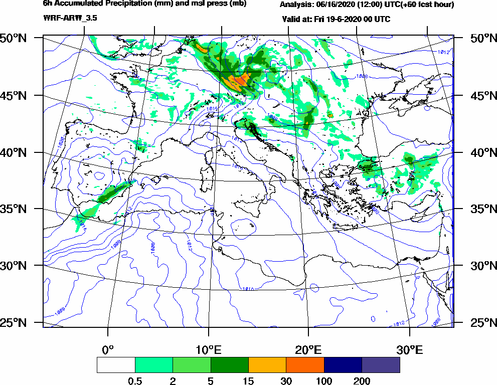 6h Accumulated Precipitation (mm) and msl press (mb) - 2020-06-18 18:00