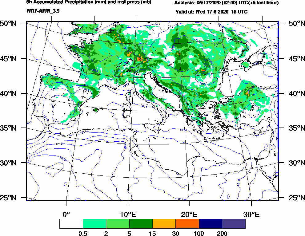 6h Accumulated Precipitation (mm) and msl press (mb) - 2020-06-17 12:00