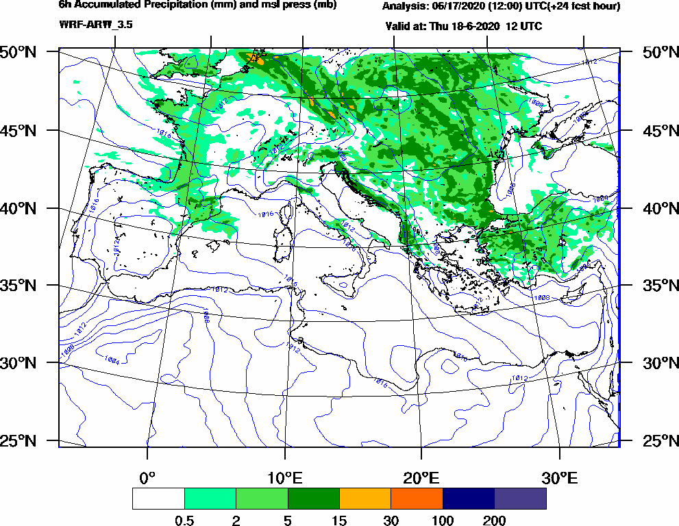 6h Accumulated Precipitation (mm) and msl press (mb) - 2020-06-18 06:00