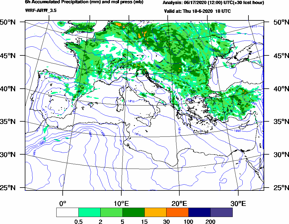 6h Accumulated Precipitation (mm) and msl press (mb) - 2020-06-18 12:00