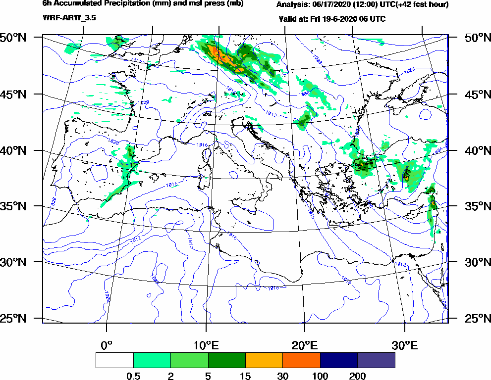 6h Accumulated Precipitation (mm) and msl press (mb) - 2020-06-19 00:00
