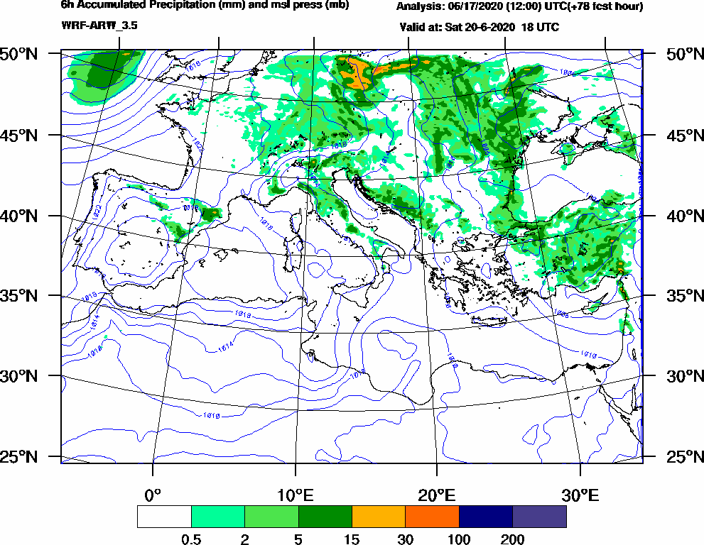 6h Accumulated Precipitation (mm) and msl press (mb) - 2020-06-20 12:00