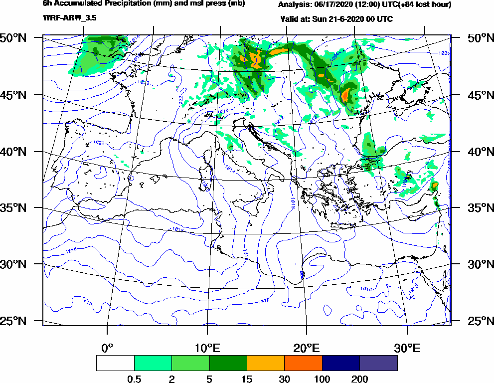 6h Accumulated Precipitation (mm) and msl press (mb) - 2020-06-20 18:00