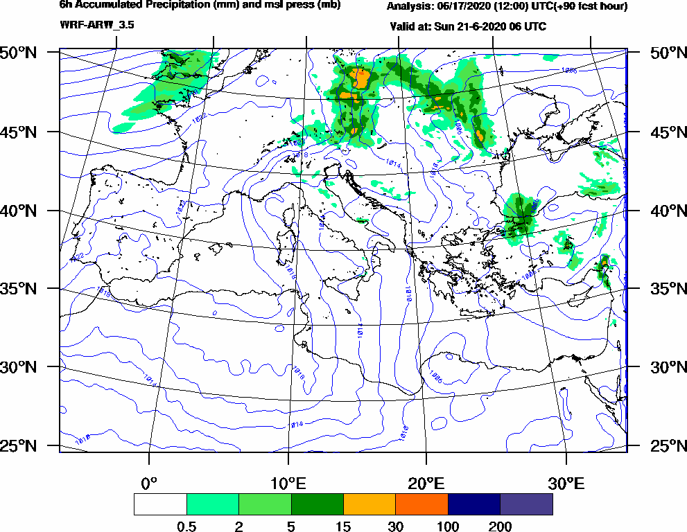 6h Accumulated Precipitation (mm) and msl press (mb) - 2020-06-21 00:00