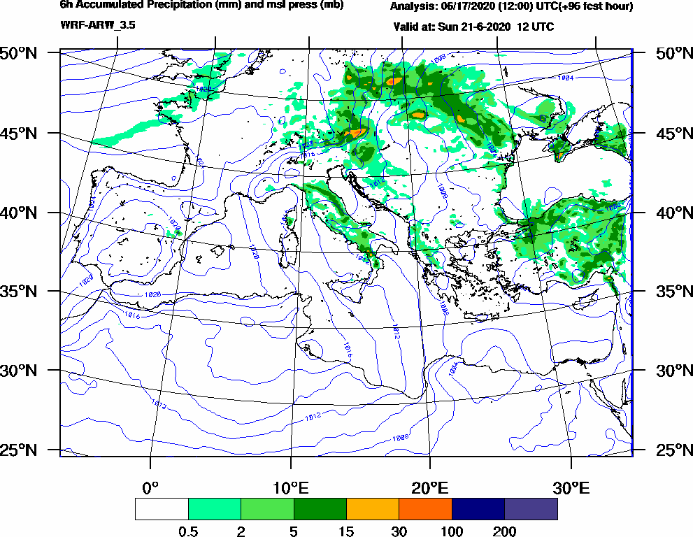 6h Accumulated Precipitation (mm) and msl press (mb) - 2020-06-21 06:00