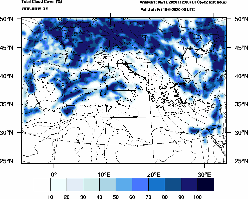 Total cloud cover (%) - 2020-06-19 00:00