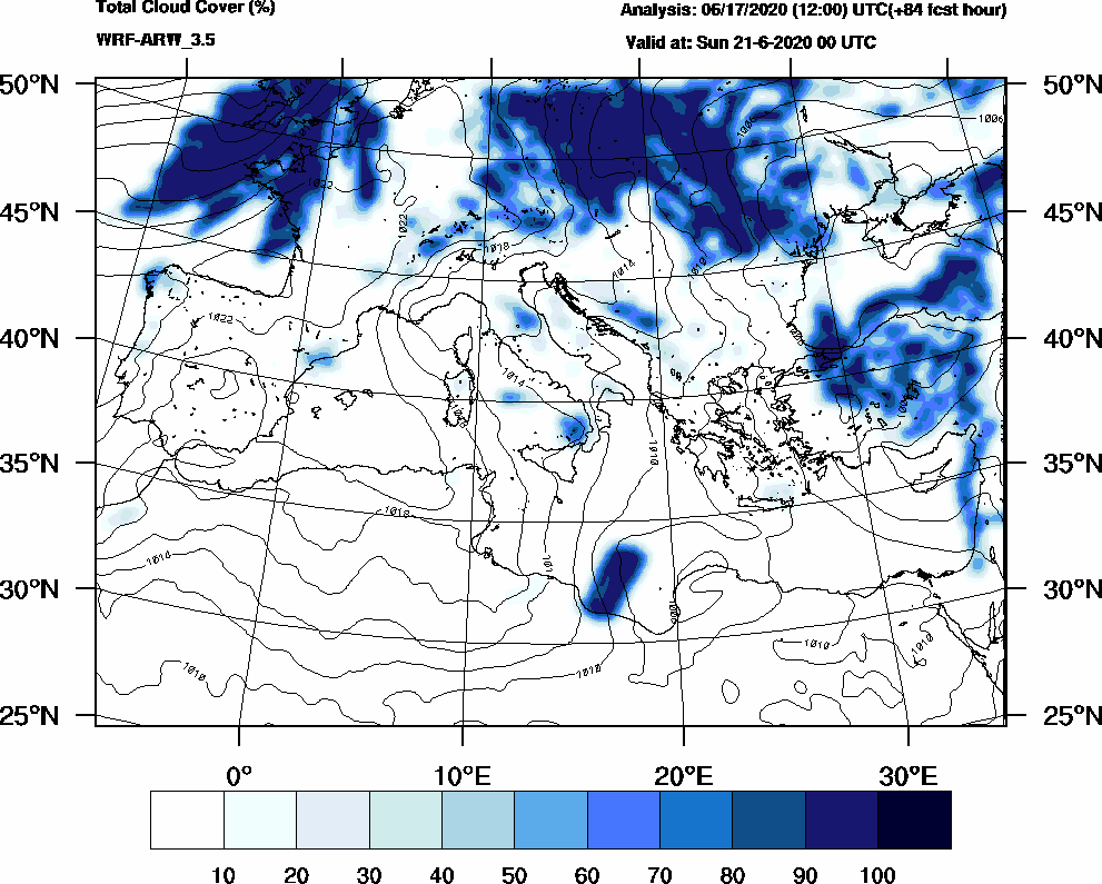 Total cloud cover (%) - 2020-06-20 18:00