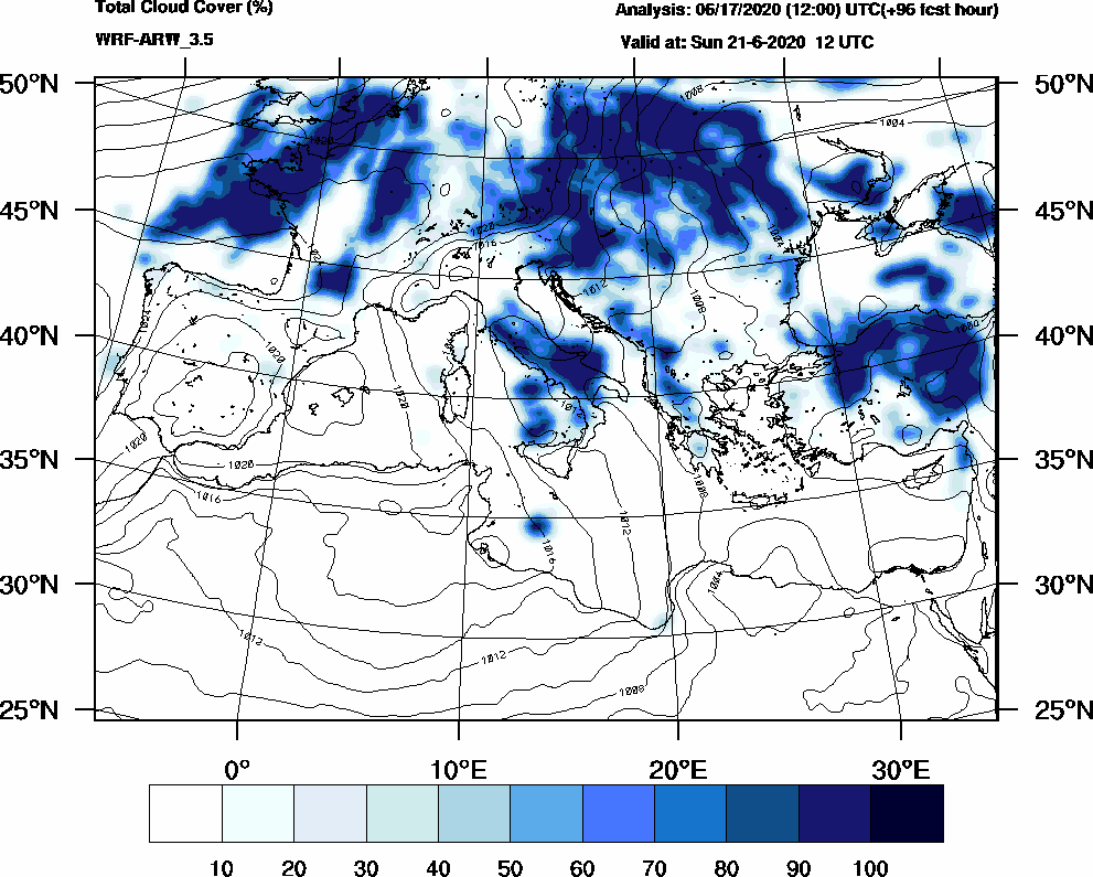 Total cloud cover (%) - 2020-06-21 06:00