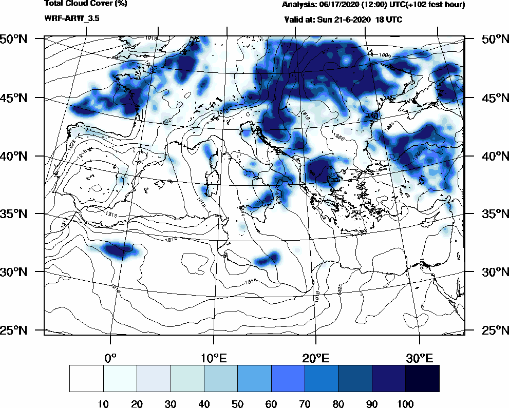 Total cloud cover (%) - 2020-06-21 12:00