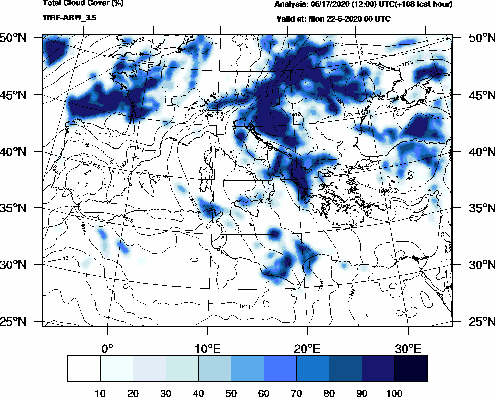 Total cloud cover (%) - 2020-06-21 18:00