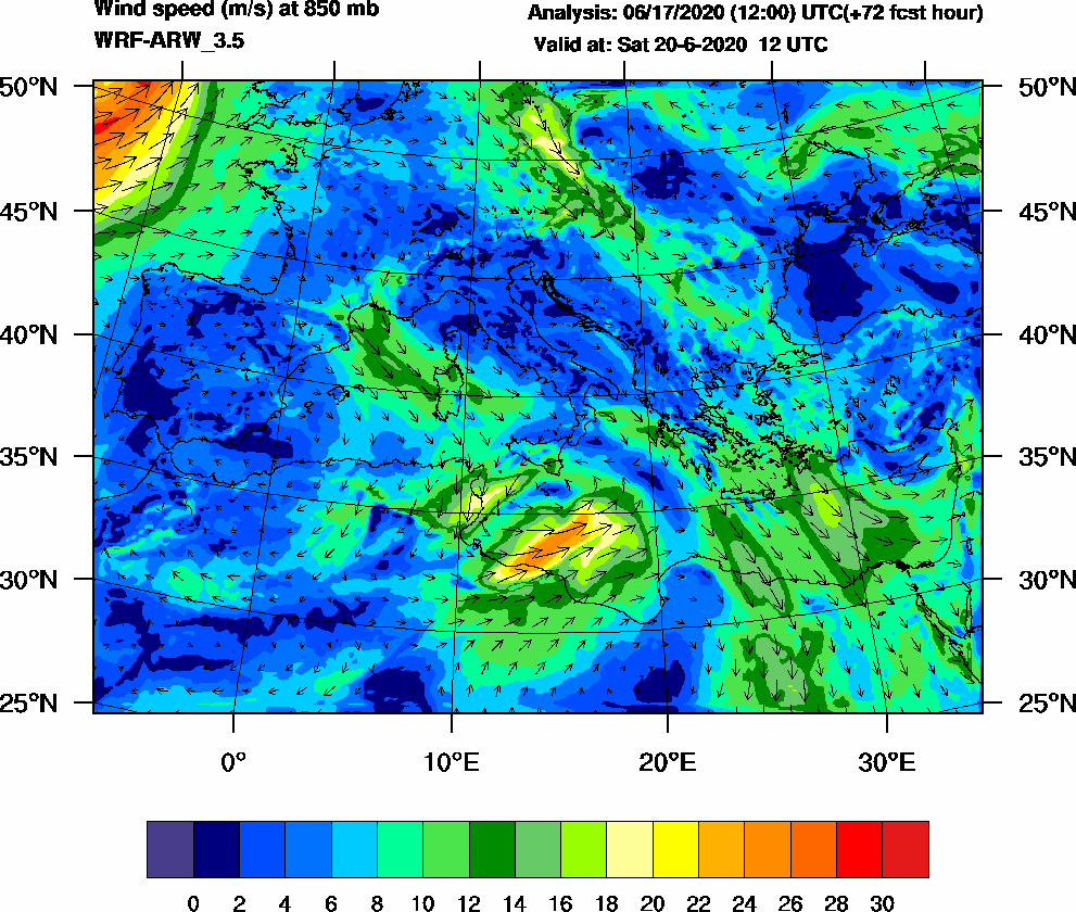 Wind speed (m/s) at 850 mb - 2020-06-20 12:00