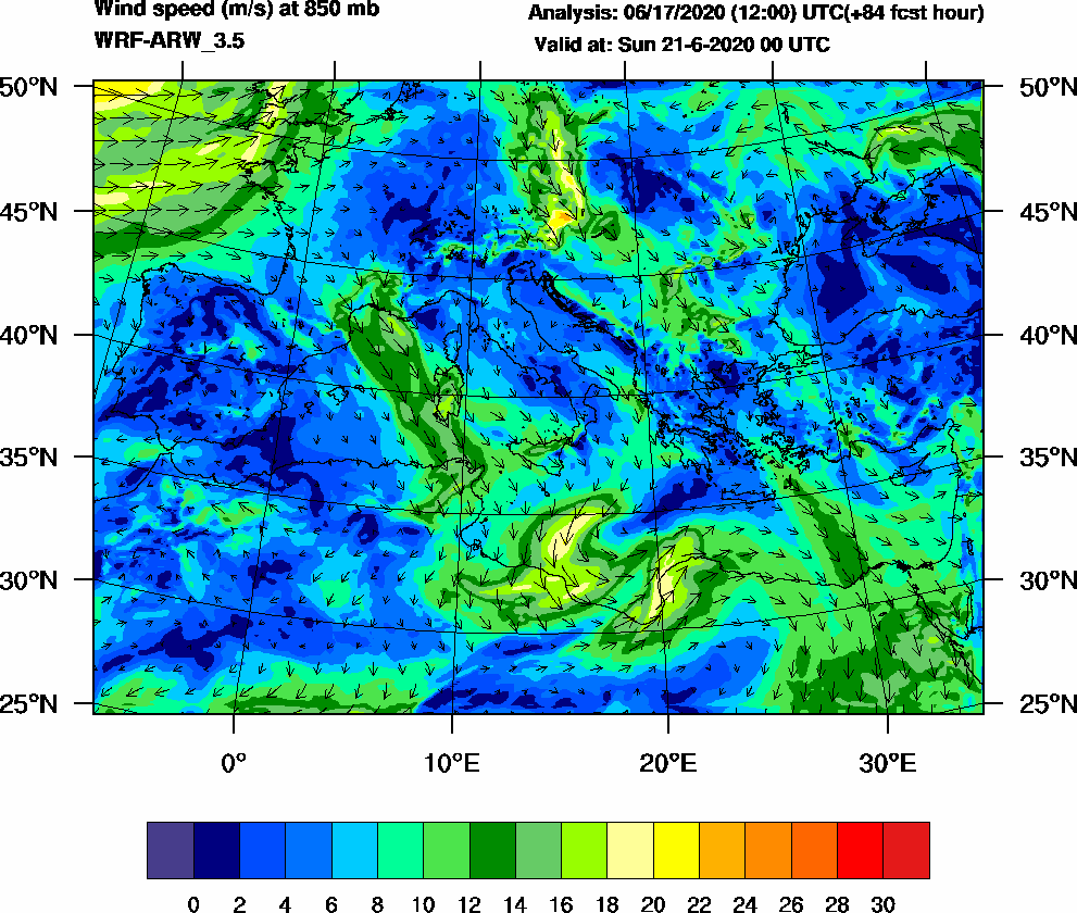 Wind speed (m/s) at 850 mb - 2020-06-21 00:00