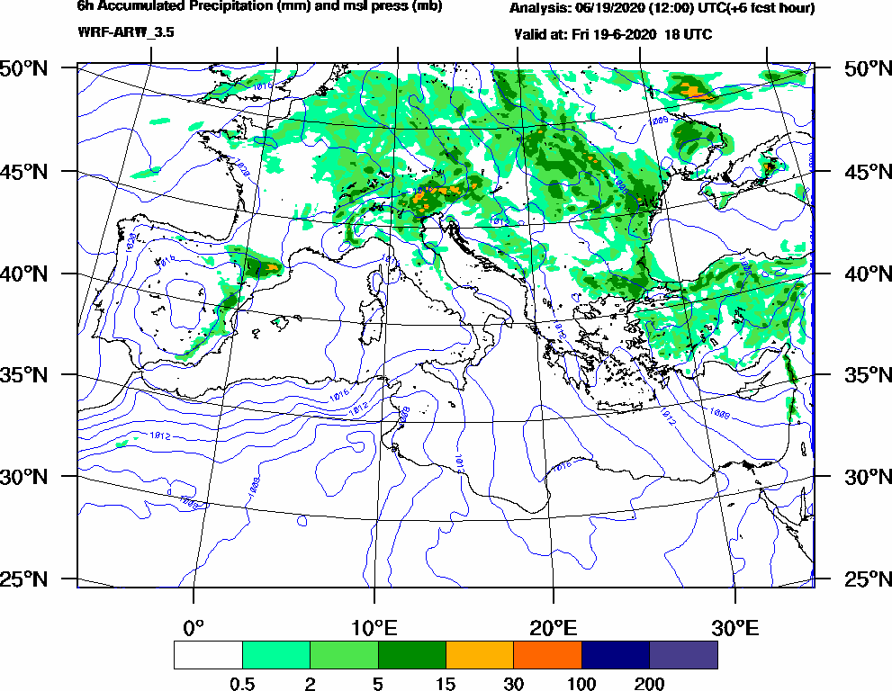 6h Accumulated Precipitation (mm) and msl press (mb) - 2020-06-19 12:00