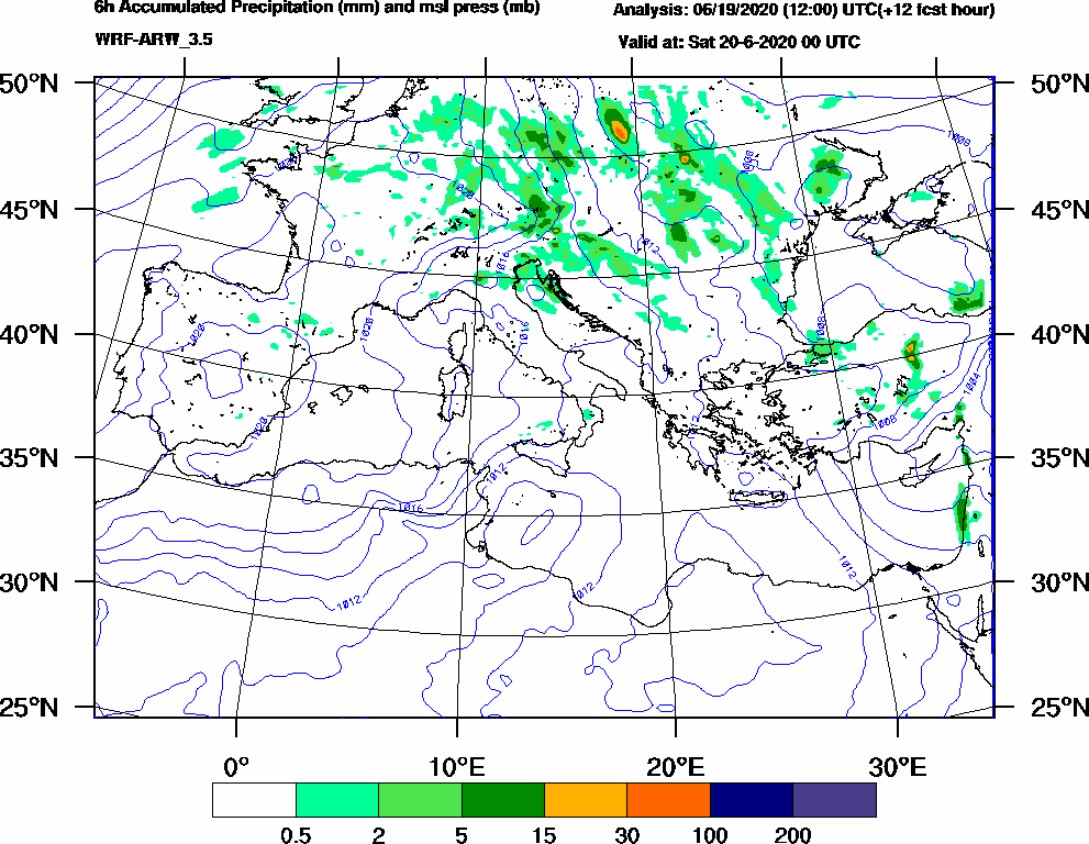 6h Accumulated Precipitation (mm) and msl press (mb) - 2020-06-19 18:00