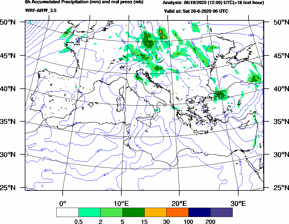6h Accumulated Precipitation (mm) and msl press (mb) - 2020-06-20 00:00