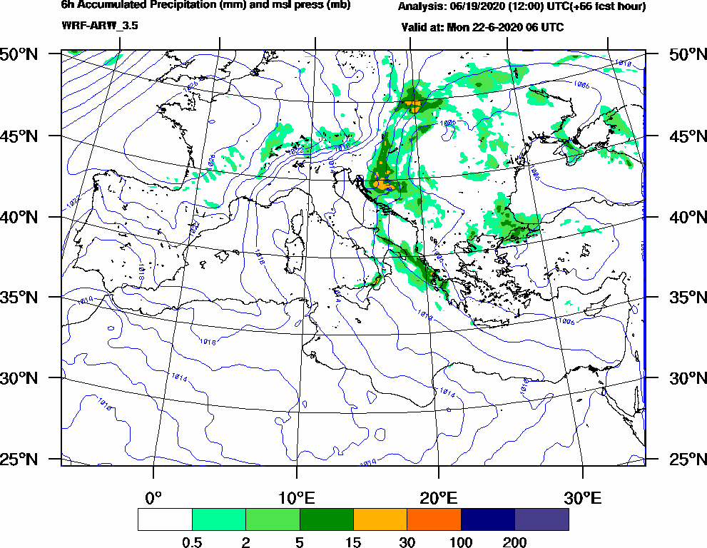 6h Accumulated Precipitation (mm) and msl press (mb) - 2020-06-22 00:00