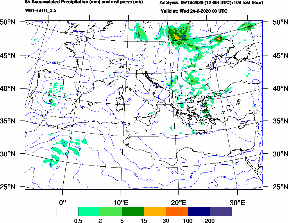 6h Accumulated Precipitation (mm) and msl press (mb) - 2020-06-23 18:00