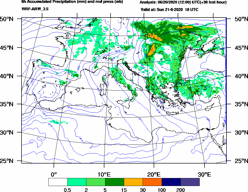 6h Accumulated Precipitation (mm) and msl press (mb) - 2020-06-21 12:00