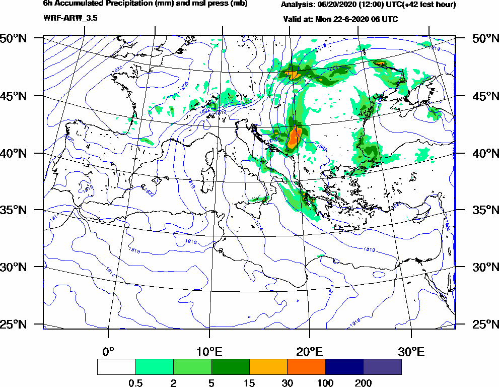 6h Accumulated Precipitation (mm) and msl press (mb) - 2020-06-22 00:00