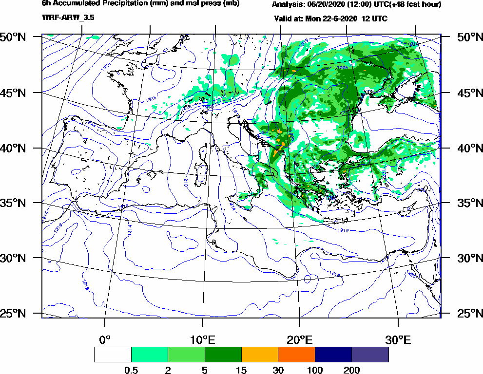 6h Accumulated Precipitation (mm) and msl press (mb) - 2020-06-22 06:00