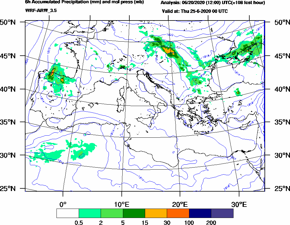 6h Accumulated Precipitation (mm) and msl press (mb) - 2020-06-24 18:00