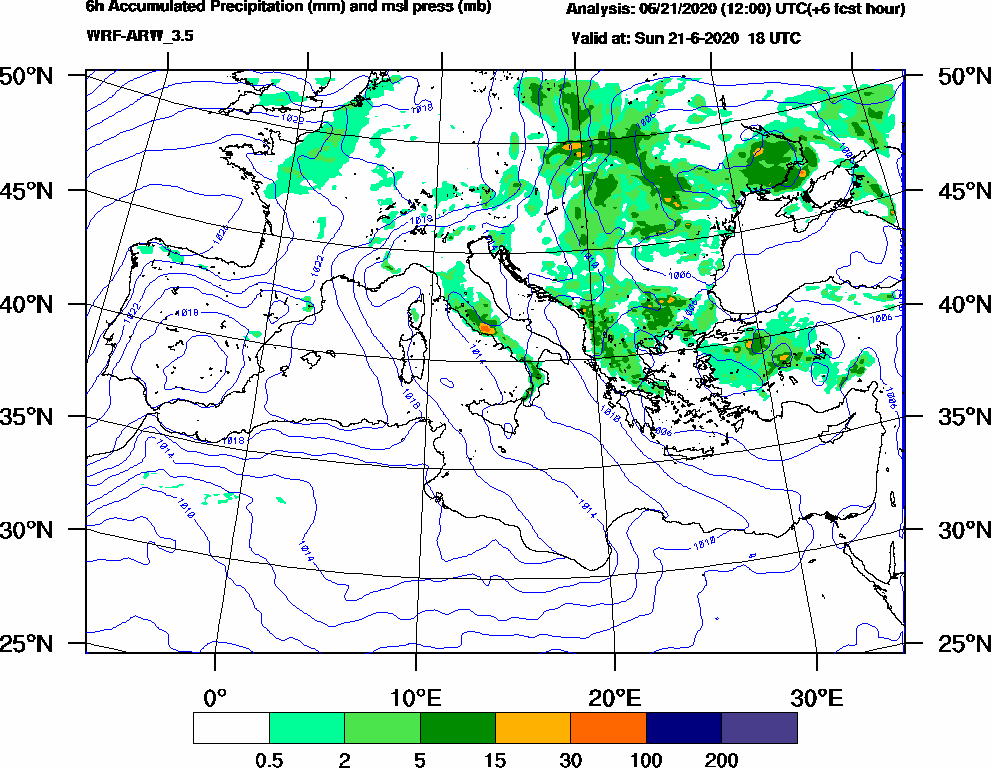 6h Accumulated Precipitation (mm) and msl press (mb) - 2020-06-21 12:00