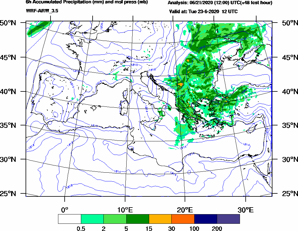 6h Accumulated Precipitation (mm) and msl press (mb) - 2020-06-23 06:00