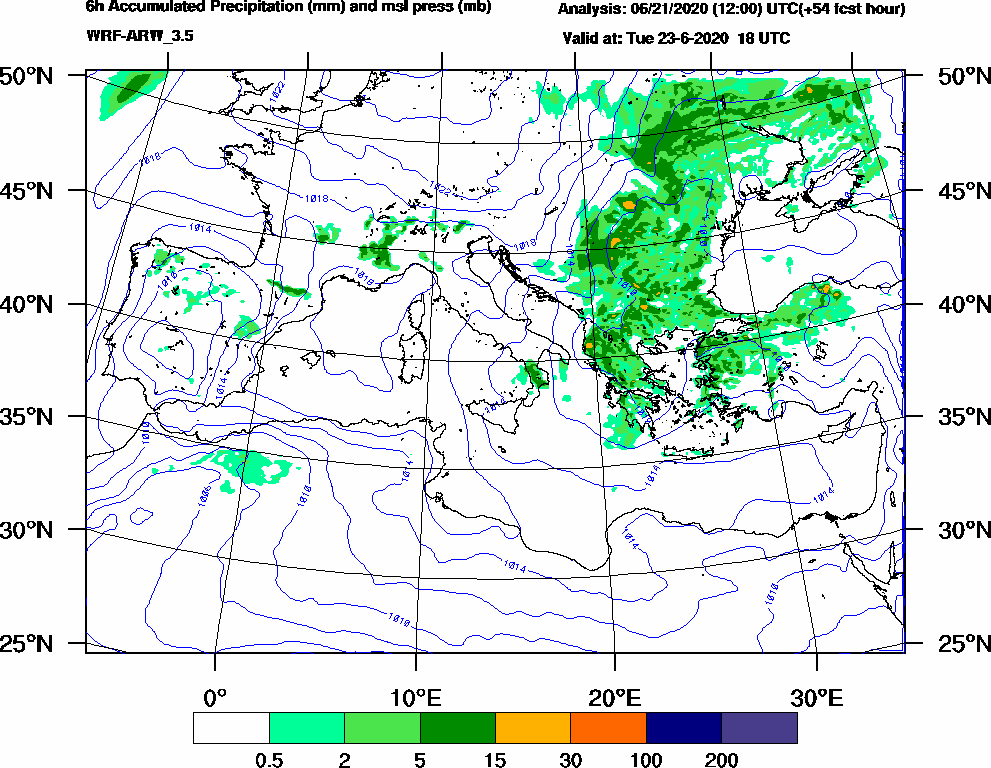 6h Accumulated Precipitation (mm) and msl press (mb) - 2020-06-23 12:00