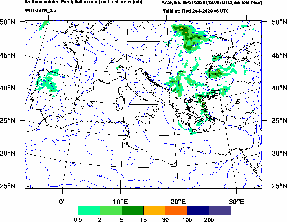 6h Accumulated Precipitation (mm) and msl press (mb) - 2020-06-24 00:00