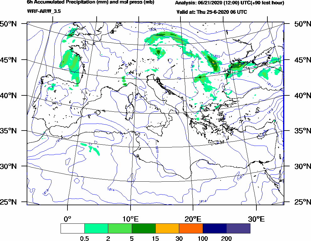 6h Accumulated Precipitation (mm) and msl press (mb) - 2020-06-25 00:00