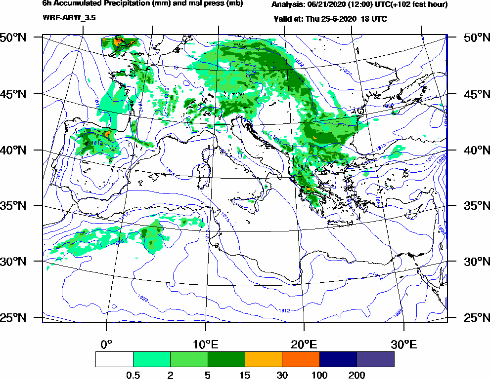 6h Accumulated Precipitation (mm) and msl press (mb) - 2020-06-25 12:00