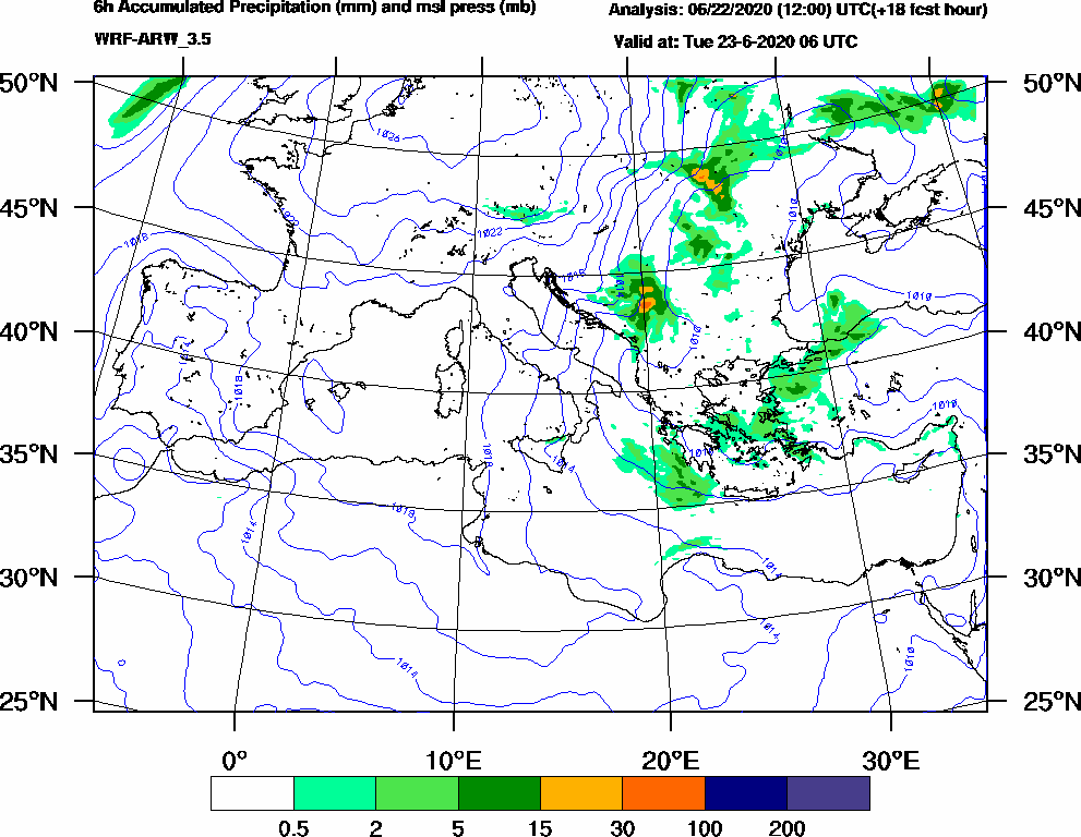 6h Accumulated Precipitation (mm) and msl press (mb) - 2020-06-23 00:00