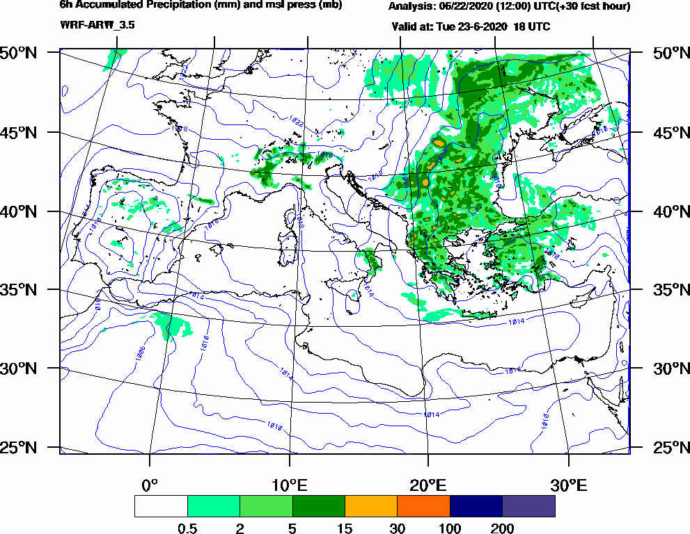 6h Accumulated Precipitation (mm) and msl press (mb) - 2020-06-23 12:00
