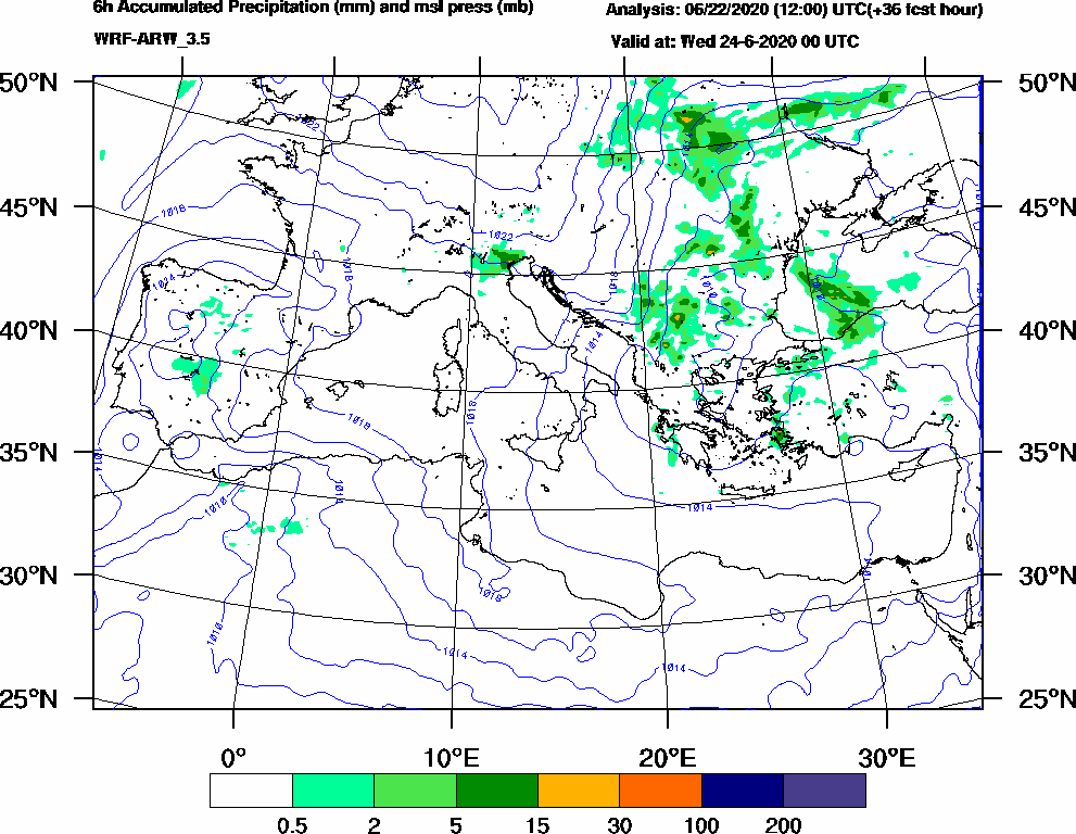 6h Accumulated Precipitation (mm) and msl press (mb) - 2020-06-23 18:00