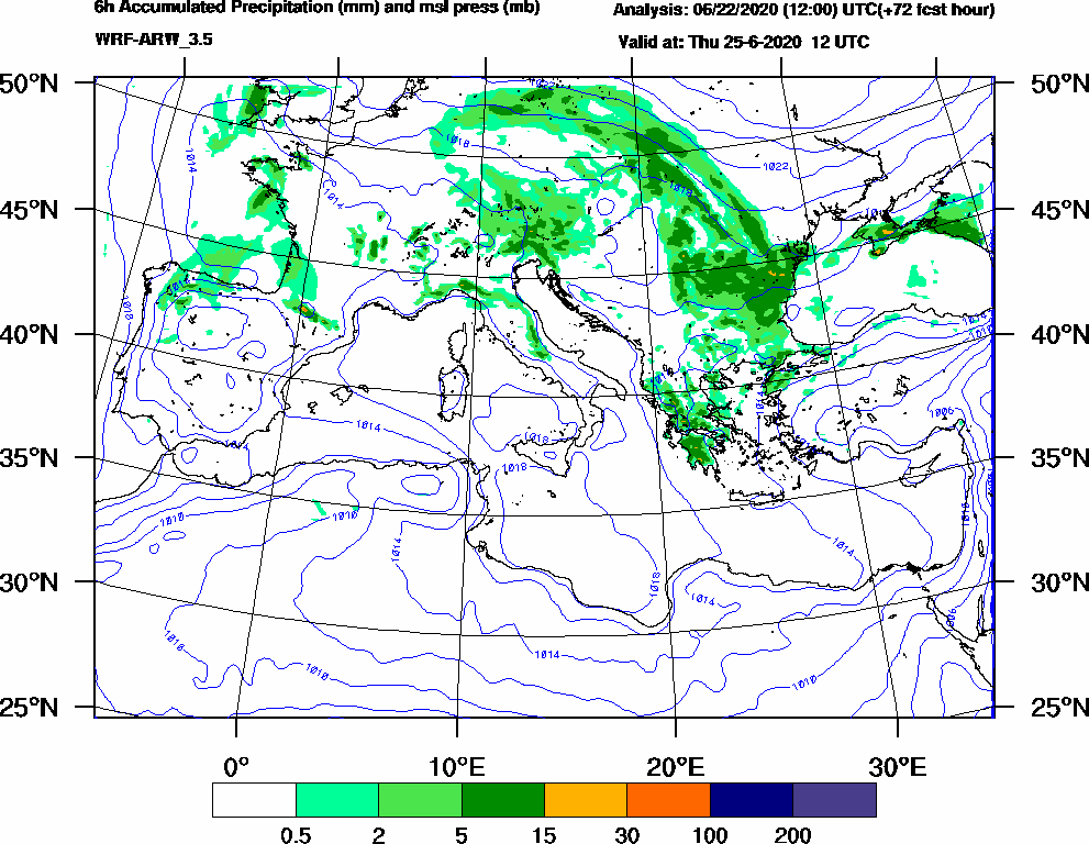 6h Accumulated Precipitation (mm) and msl press (mb) - 2020-06-25 06:00