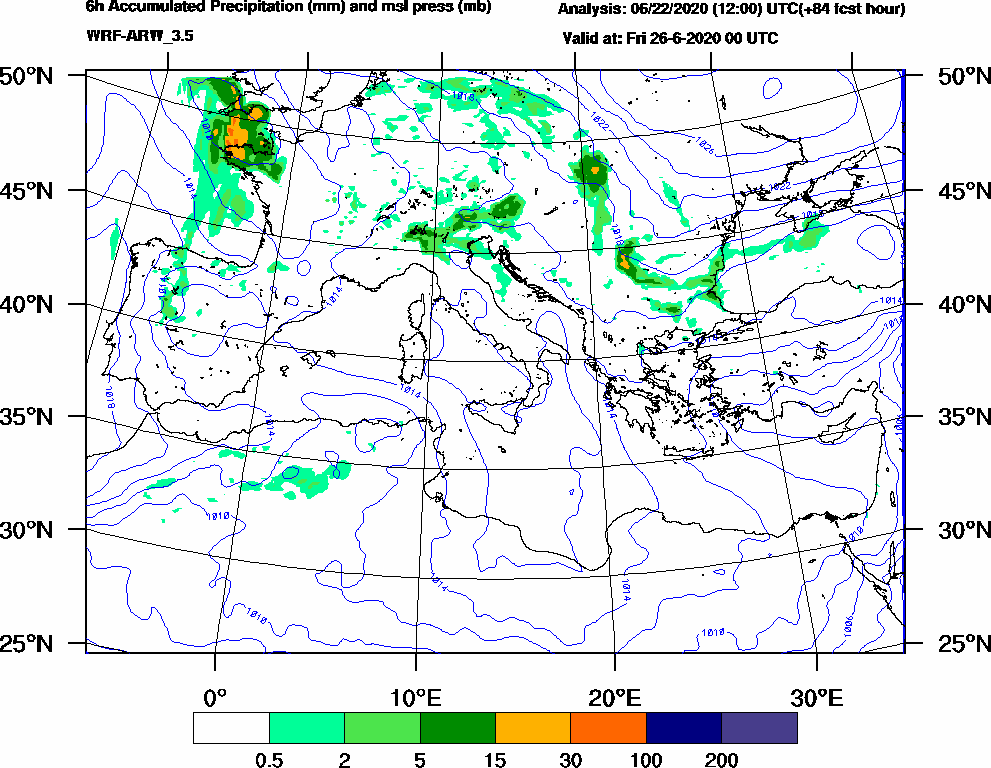 6h Accumulated Precipitation (mm) and msl press (mb) - 2020-06-25 18:00