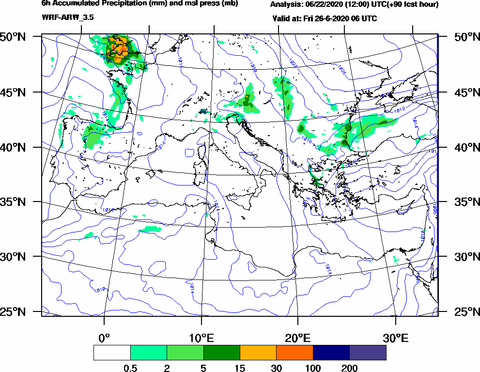 6h Accumulated Precipitation (mm) and msl press (mb) - 2020-06-26 00:00