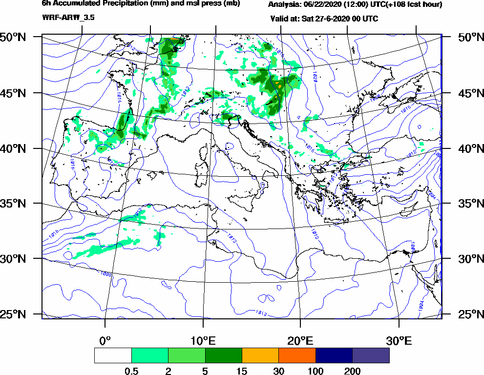 6h Accumulated Precipitation (mm) and msl press (mb) - 2020-06-26 18:00
