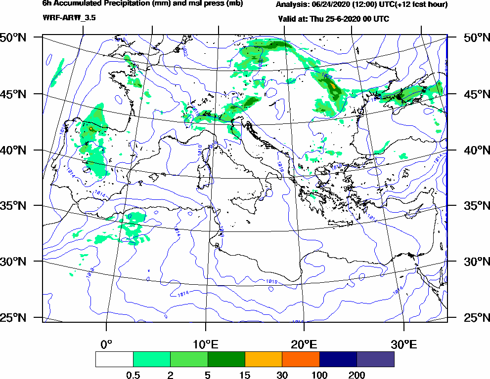 6h Accumulated Precipitation (mm) and msl press (mb) - 2020-06-24 18:00