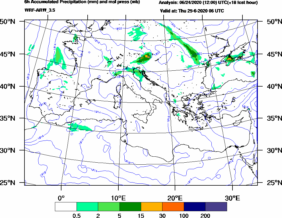 6h Accumulated Precipitation (mm) and msl press (mb) - 2020-06-25 00:00