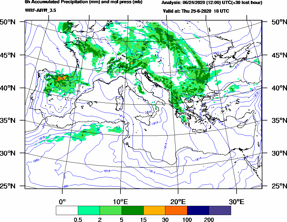 6h Accumulated Precipitation (mm) and msl press (mb) - 2020-06-25 12:00