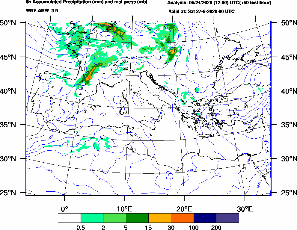 6h Accumulated Precipitation (mm) and msl press (mb) - 2020-06-26 18:00