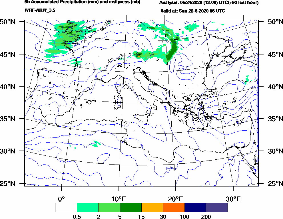 6h Accumulated Precipitation (mm) and msl press (mb) - 2020-06-28 00:00