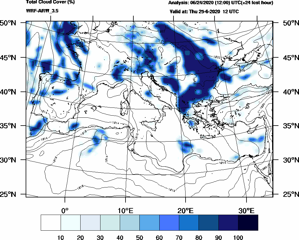 Total cloud cover (%) - 2020-06-25 06:00