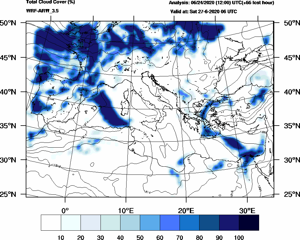 Total cloud cover (%) - 2020-06-27 00:00