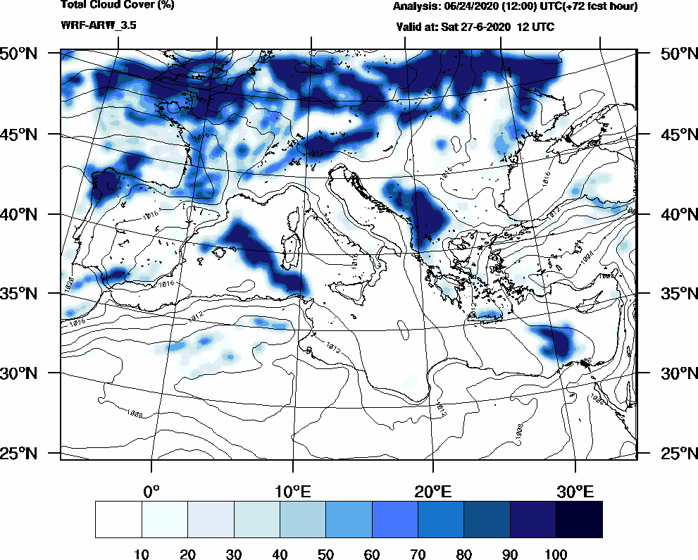 Total cloud cover (%) - 2020-06-27 06:00